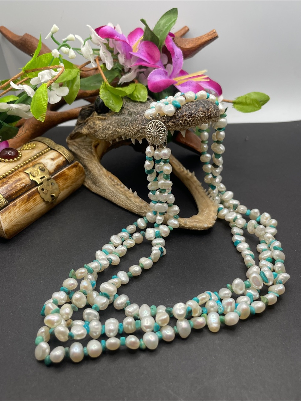 Freshwater pearl and turquoise 3 stranded necklace Sterling D10